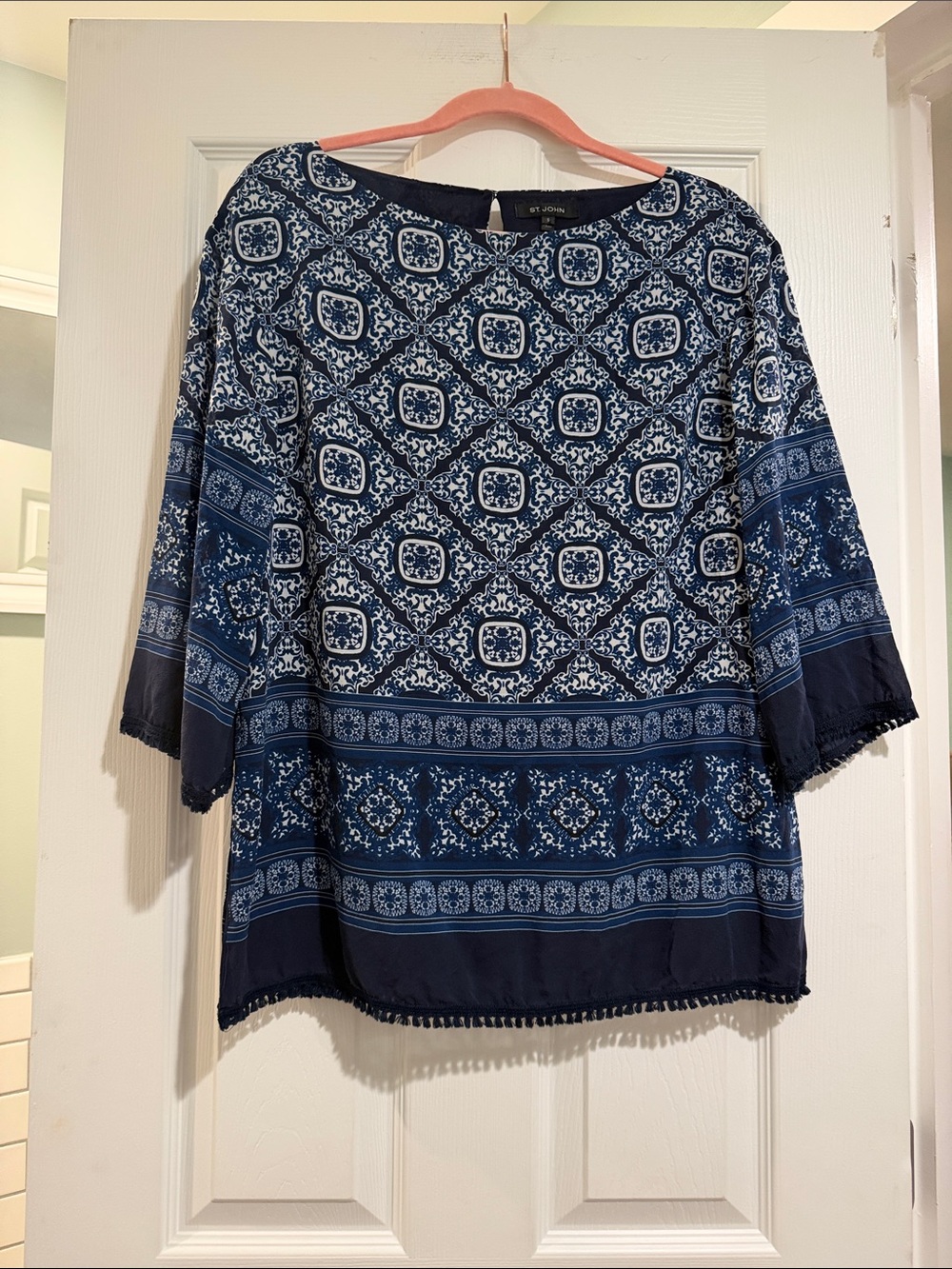 St. John Navy Blue Patterned Silk Tunic Top